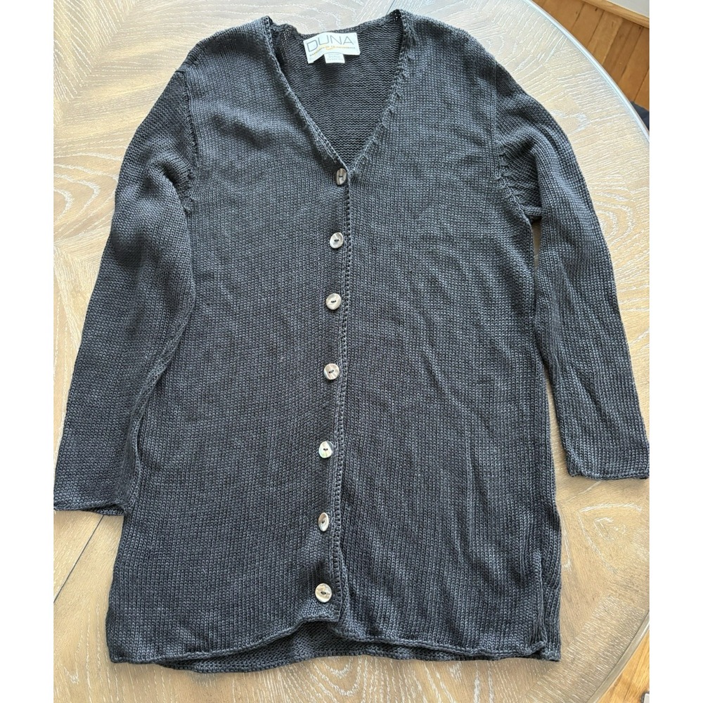VTG Duna Handloomed Linen Rayon Long Cardigan Sweater Black Shell Buttonsโ L